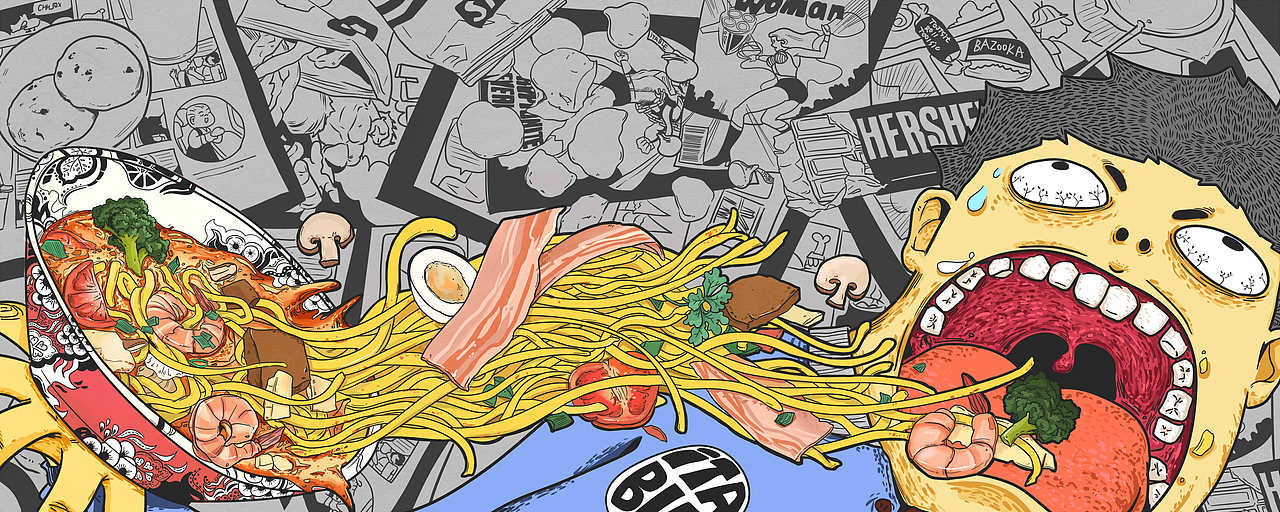 吃面的男孩涂鸦墙绘|插画|新锐潮流插画|meiki美妹_原创作品-站酷