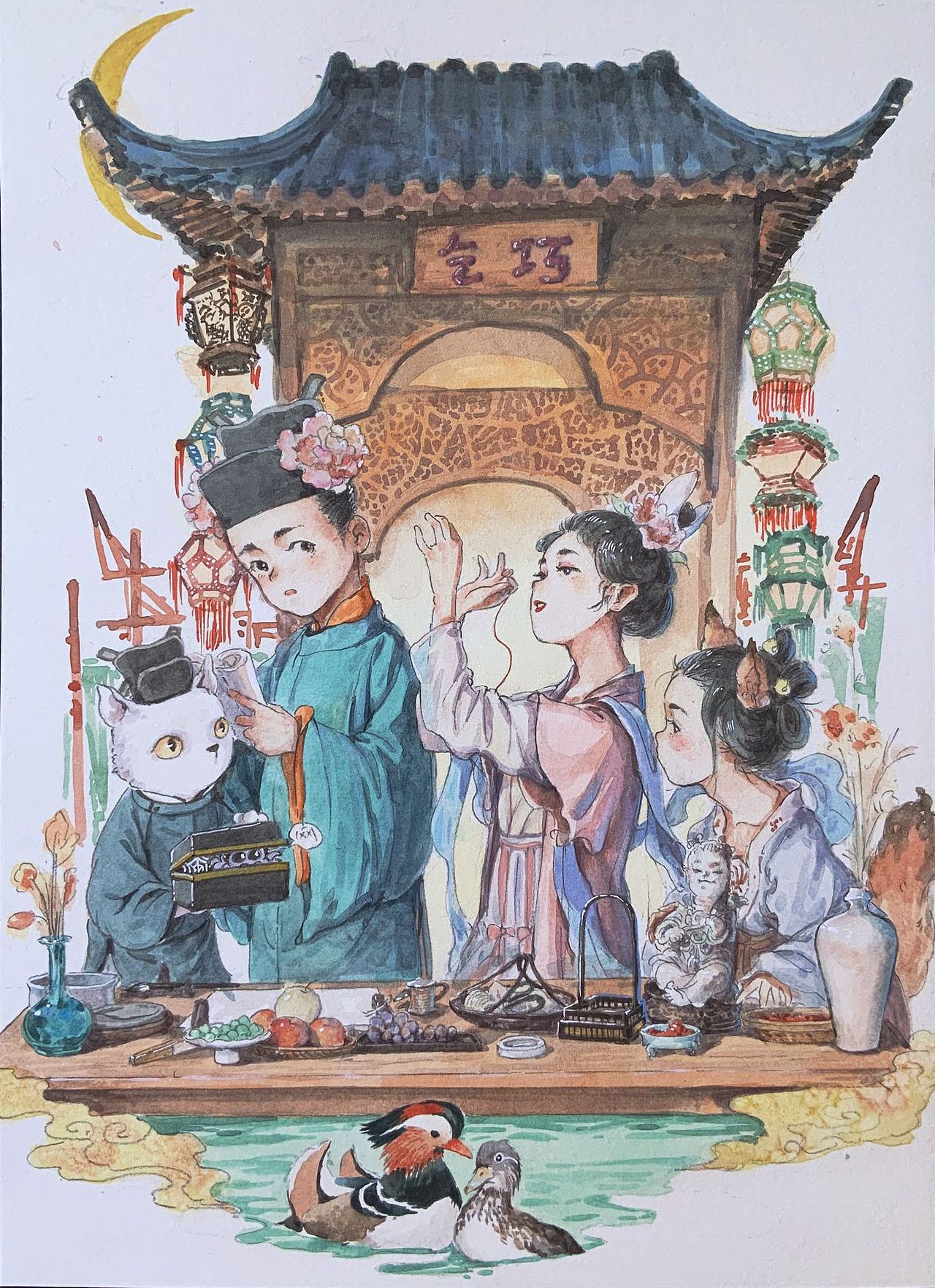 七月七夕，贵家多结彩楼于庭，谓之乞巧…（图ZMzQ5MDI3NDcy） - 艺术插画 - 站酷设计师達人原创素材 - 站酷ZCOOL