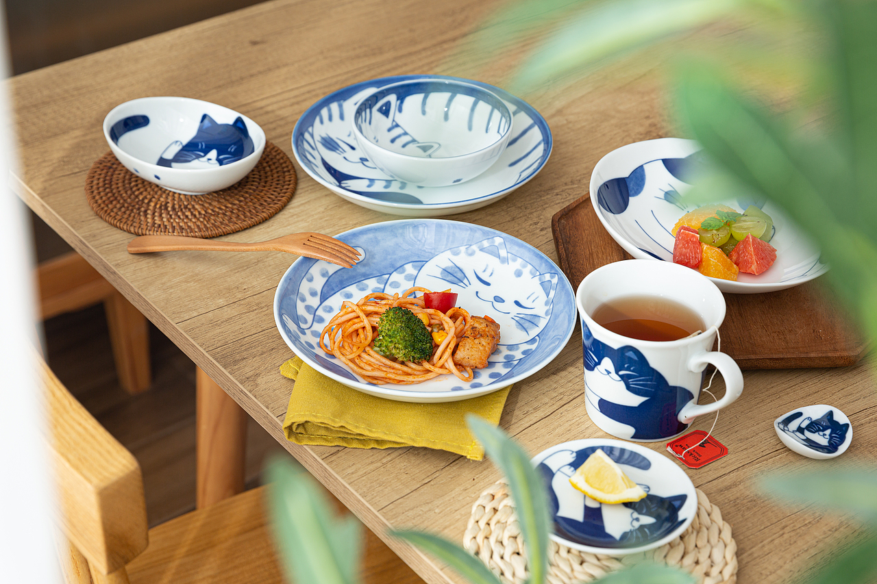 电商摄影|日本青花猫图案餐具套装