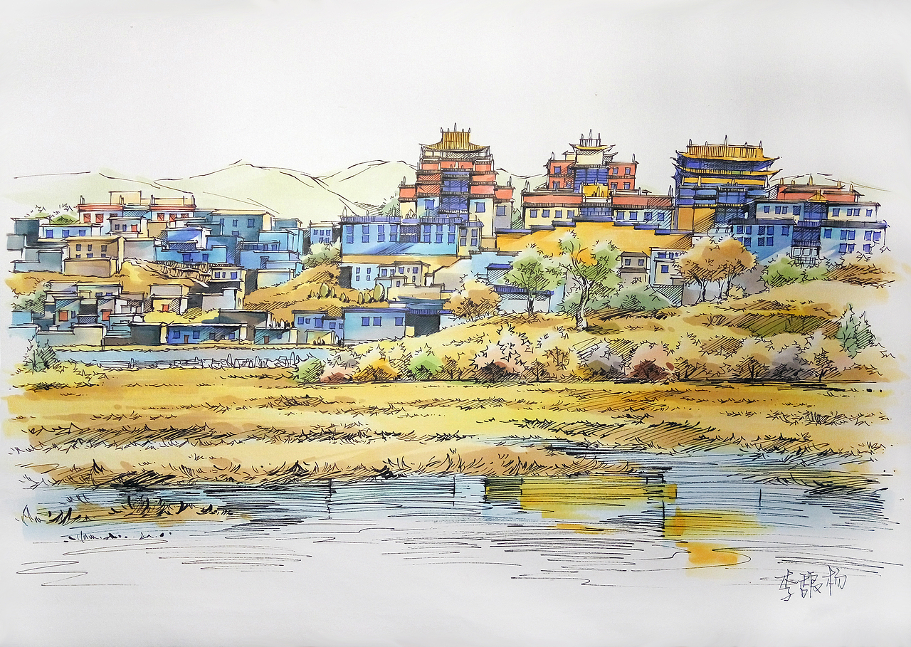马克笔手绘-松赞林寺(含步骤)