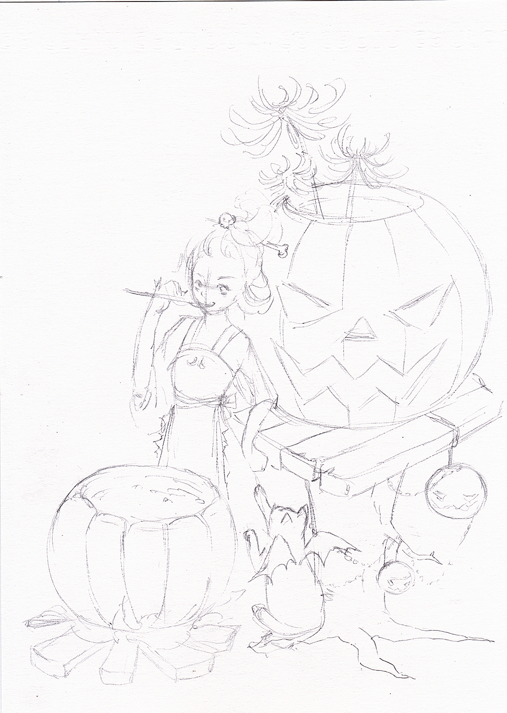 首先我们需要先构思插画整体,并绘制出草图。这一步不用特别精细,主要是确定位置,方便我们下一步画线稿,但要注意下笔尽量轻一些,因为草图最后是要擦除的。