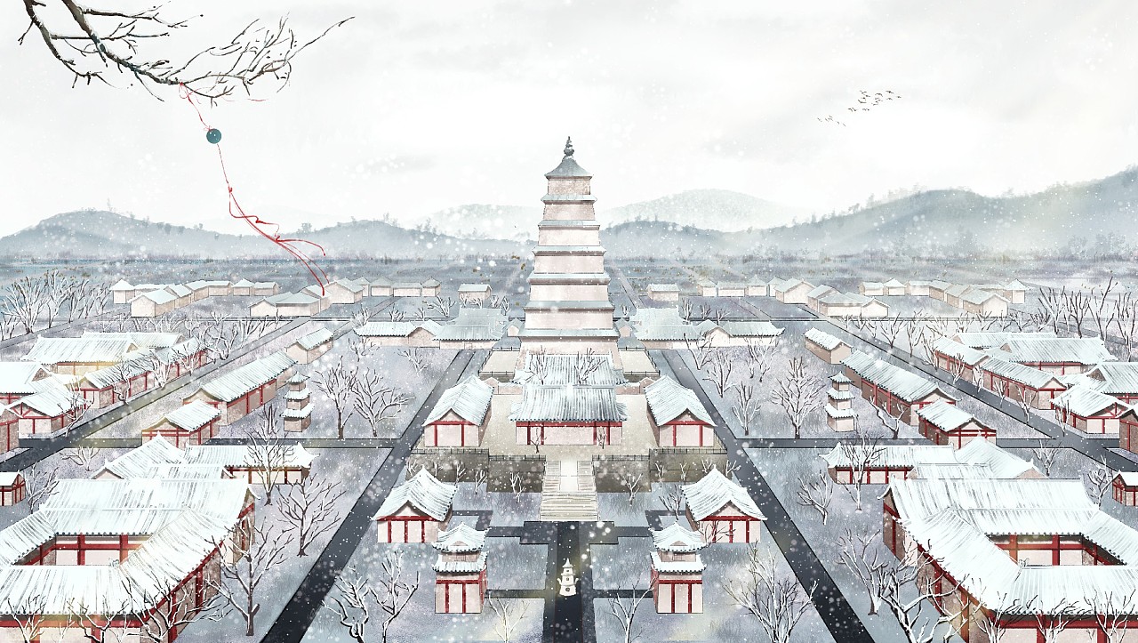 古风场景大雁塔的春夏秋冬和夜景