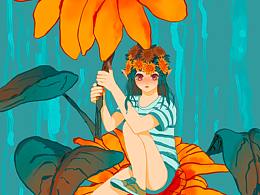 向日葵精灵插画，配上下雨的声音，好治愈。