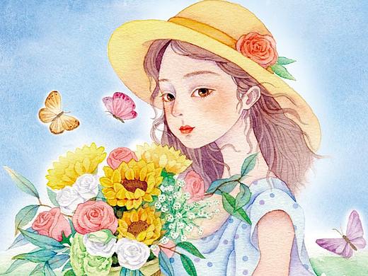 春天棒鲜花的少女