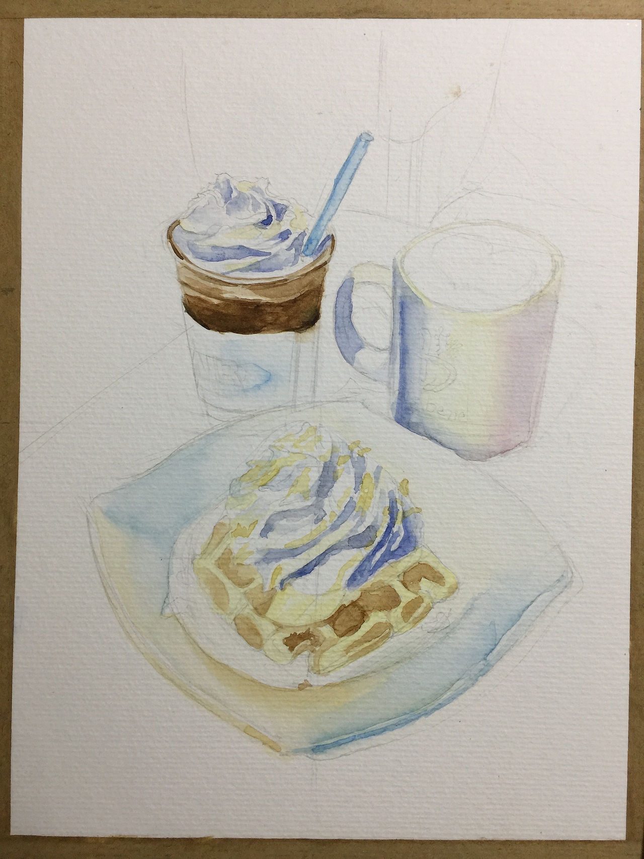 下午茶甜品水彩画27x19cm