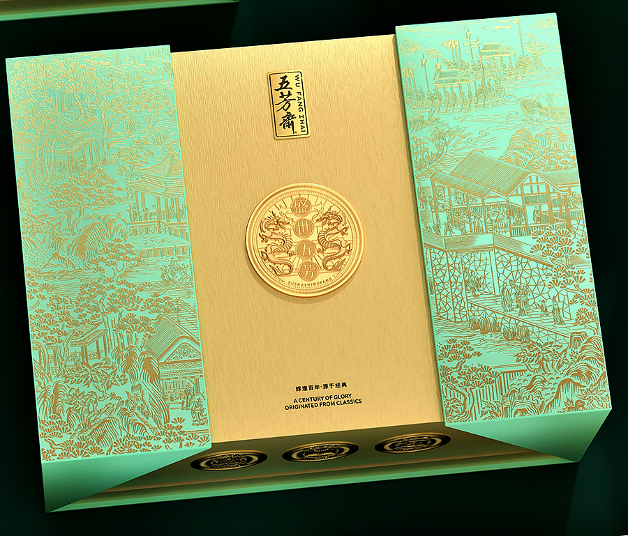 礼盒整体以淡然的天青绿为底,这也是中国传统色彩中最优雅的颜色。细腻的线条部分采用微微起凸的亚金色,色彩的对比与质感的表达精致而不张扬,越是彰显低调的奢华。