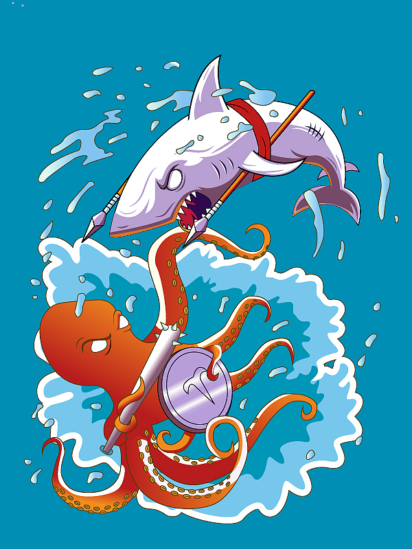 手绘 鲨鱼大战章鱼哥