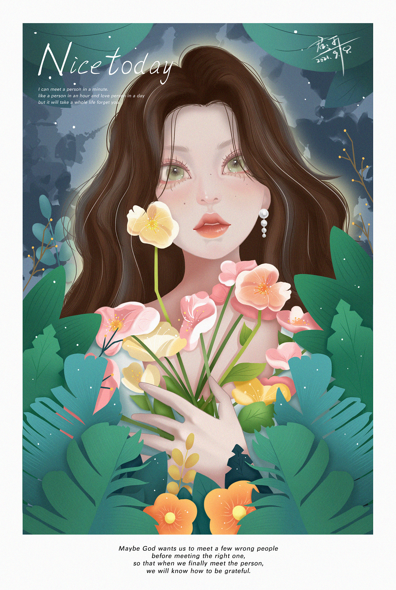 森系-手捧鲜花的少女|插画|商业插画|豆豆子吖 - 原创作品 - 站酷