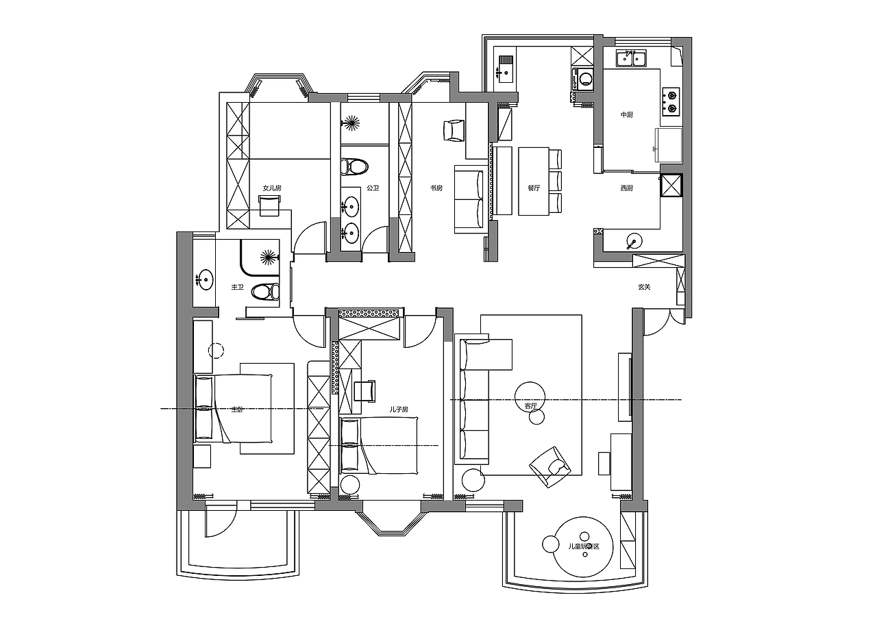 平面布置图 ①将餐厅区域错乱的动线进行了重新梳理,将书房的门进行了