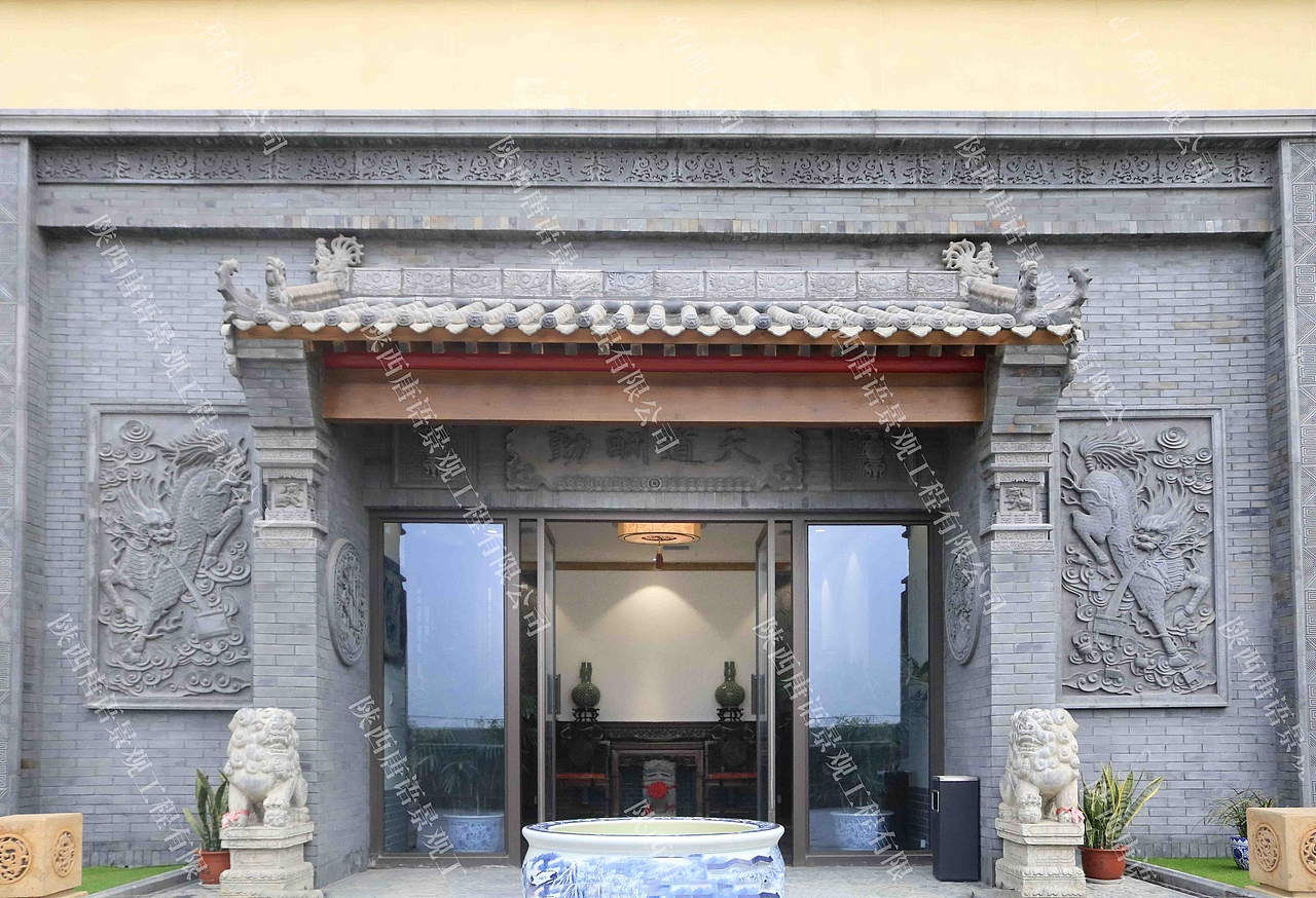 唐语新中式四合门楼大门砖雕设计