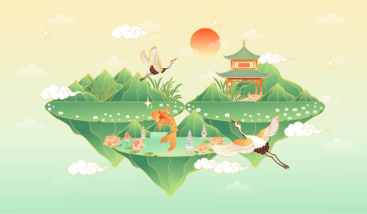 国风山水风景矢量插画