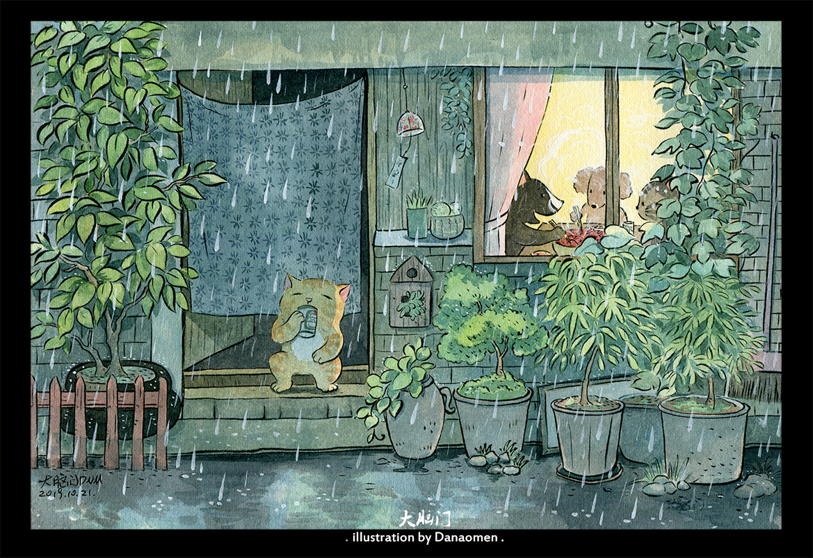 下雨天小女孩和猫咪一起看窗外下雨手绘竖图插画图片-千库网