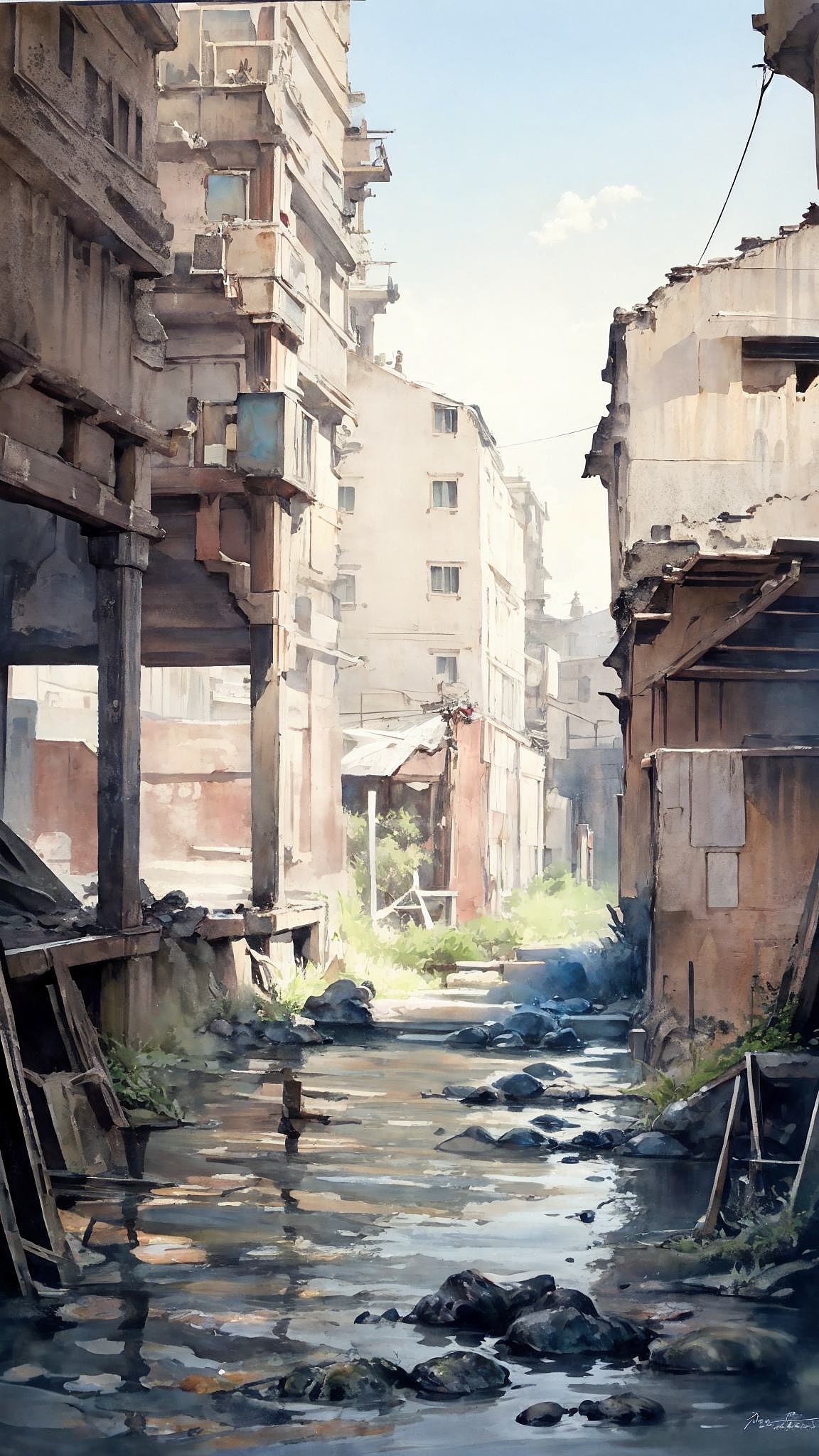 AI原创设计 古村落水彩风格