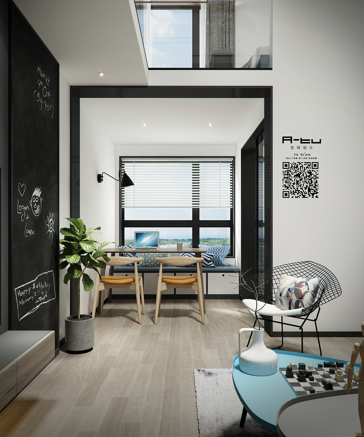 餐厅区域，卡座下方的柜子做酒柜使用。