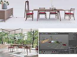 简约现代家居用品餐厅桌椅C4D场景空间展示模型设计