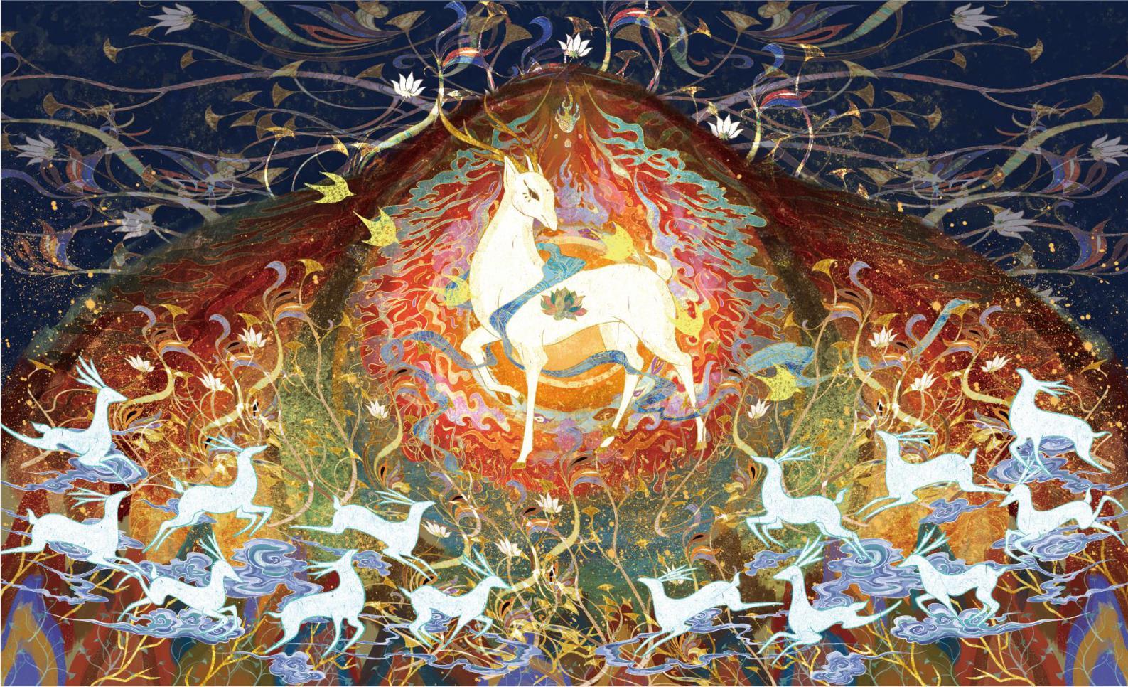 九色鹿-仿岩彩风敦煌风插画