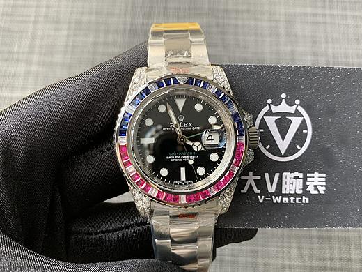 大v腕表 劳力士格林尼治改装镶真钻红蓝圈！腕表后镶钻