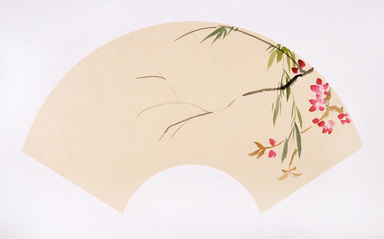 国画——桃花山鸟扇面图绘画步骤