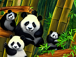 #站酷梦笔#竹林 一群熊猫在玩耍     一直熊猫坐着手里