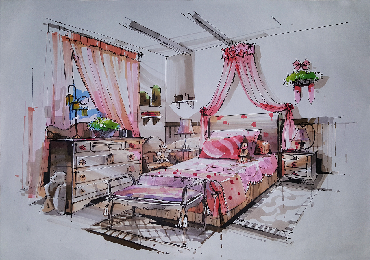 一副粉嫩少女系卧室空间手绘