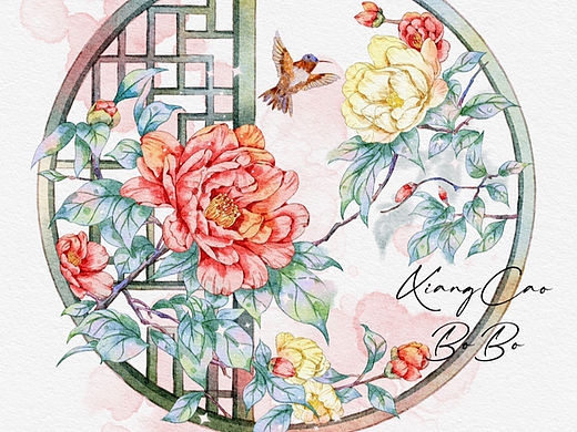 原创水彩花窗山茶花｜可授权