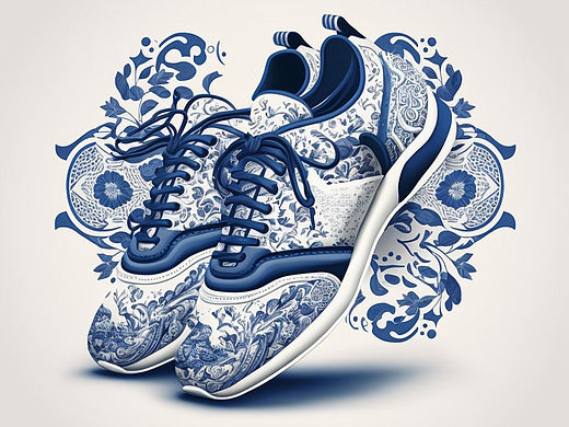 国潮风格鞋子，中国青花瓷材质艺术摆件，插画