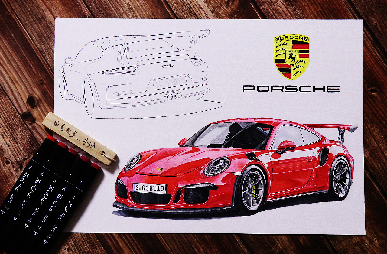 8原创作品插画创作习作手绘保时捷911汽车马克笔彩铅吾爱罗_手绘