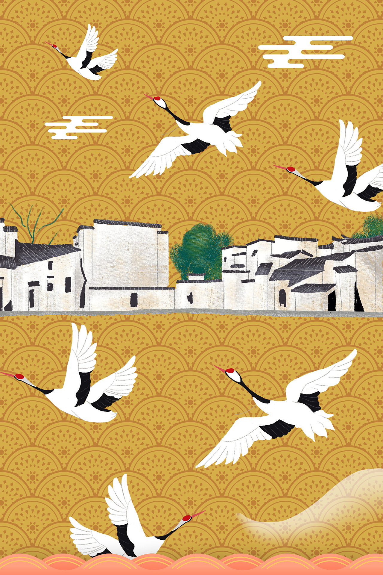 一组新式中国风古建筑插画