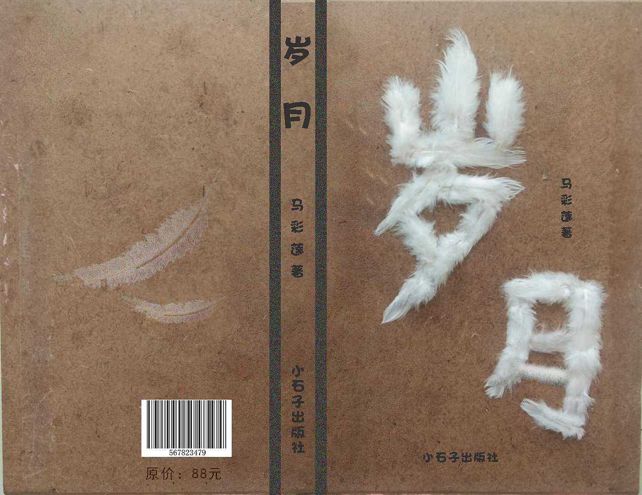 这是用手工制作的一个书籍封面,"岁月"用羽毛粘贴而成,背景用木纸板