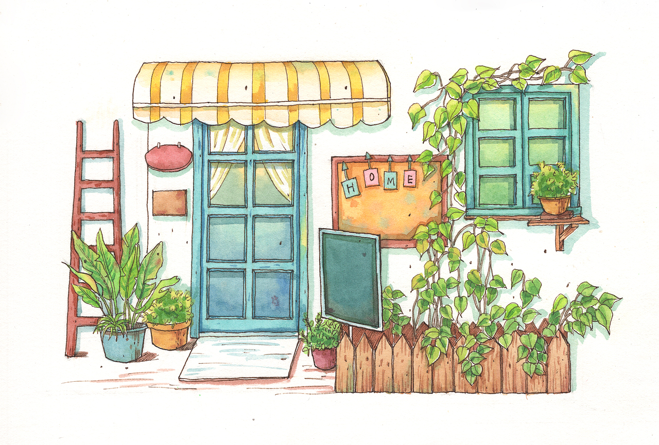 钢笔淡彩--《街边一角》