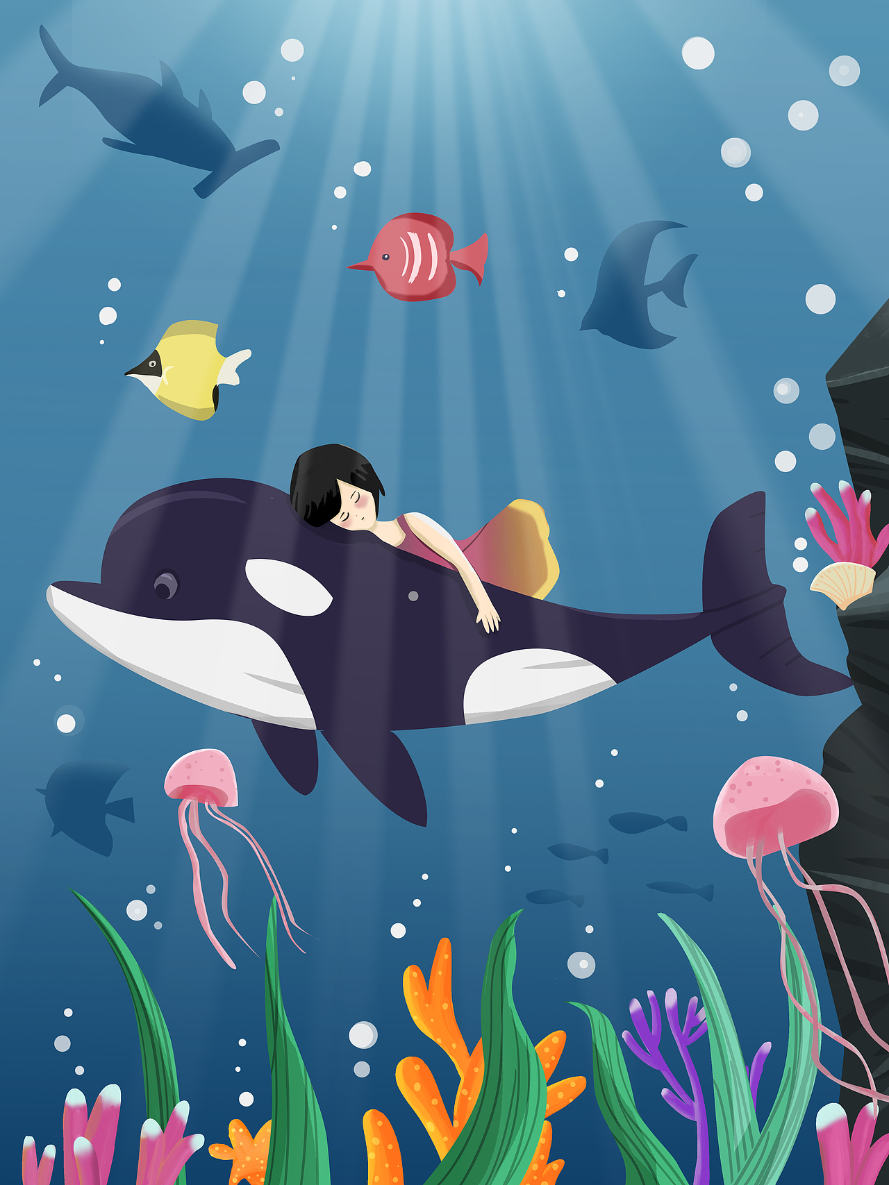 原创中国蓝大海女孩鲸鱼插画11