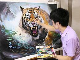 油画猛虎下山【兔子凌风作品】