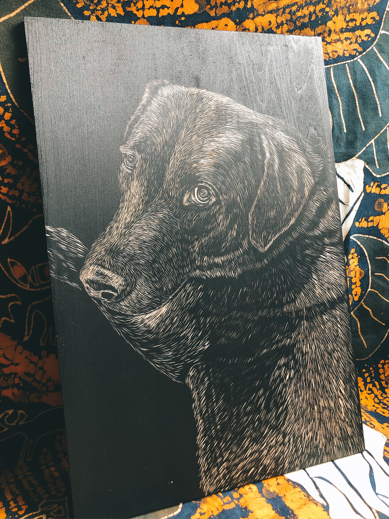 手工雕刻黑白木刻版画【狗狗】