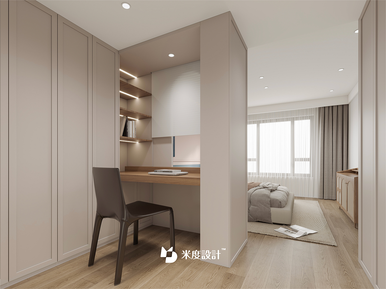 作为医生,终身学习具有必要性,因而在他们家中,主卧衣帽间、儿童房、阳台休息区,以及客厅区域都设计了书柜,同时在主卧与儿童房也设置了不同的书桌区域,方便在家中任一空间办公与共同学习,把学习的氛围延续到整个空间。
<br>