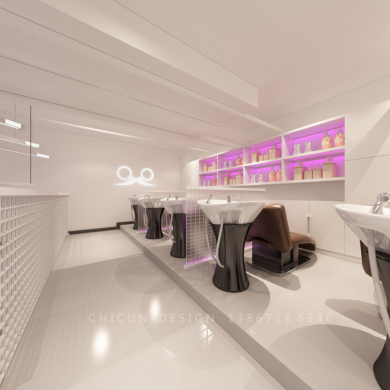 尺寸设计|粉色少女风网红风理发店发廊室内设计效果图