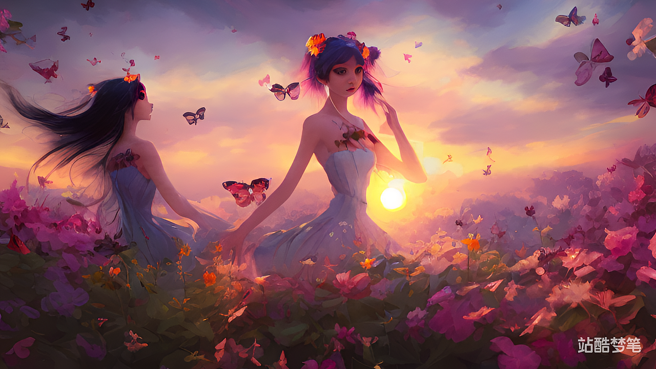 #站酷梦笔#蝴蝶,花丛,美丽的,日落,光滑的,概念艺