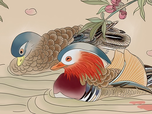 鸳鸯戏水团扇插画-创作习作3年前浙江省湖州市德清县二都小学雕塑线稿