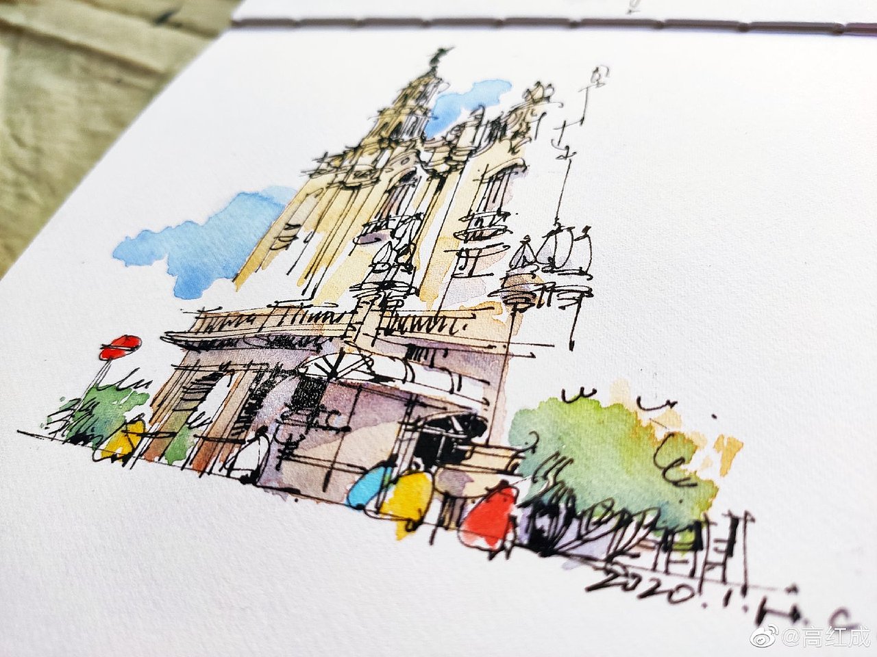 钢笔淡彩建筑风景速写