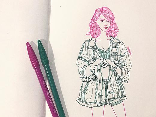 圆珠笔画-牛仔少女