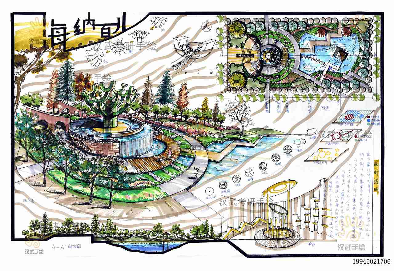 环艺广场景观建筑茶室庭院设计公园景观考研手绘快题模板