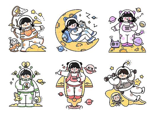 航天日人物IP粗描边插画
