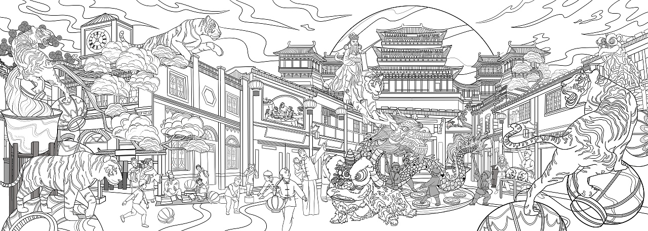 国潮插画-寅虎迎春2022年贺图-长卷