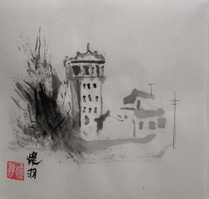 怀羽水墨画碉楼 中国画