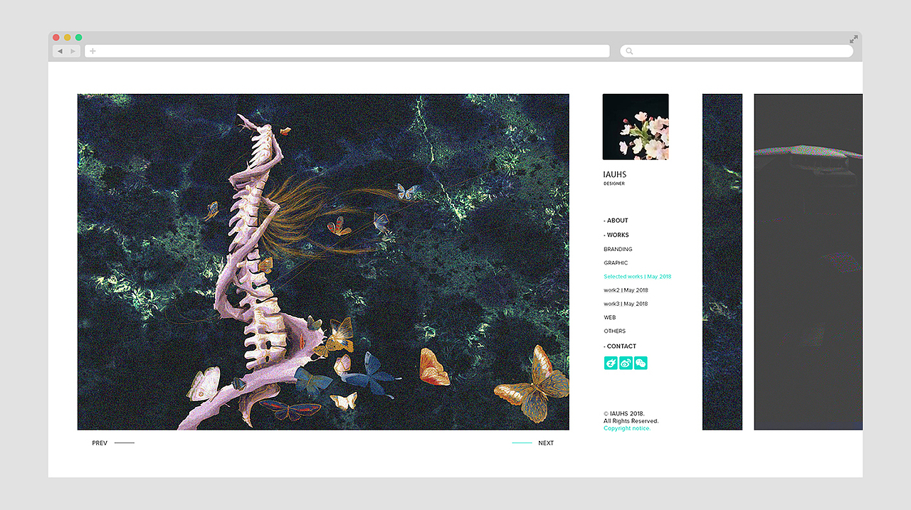 二级页面丨作品
<br>作品可以通过prev/next左右切换；或者移动浏览器下方滚动条进行切换