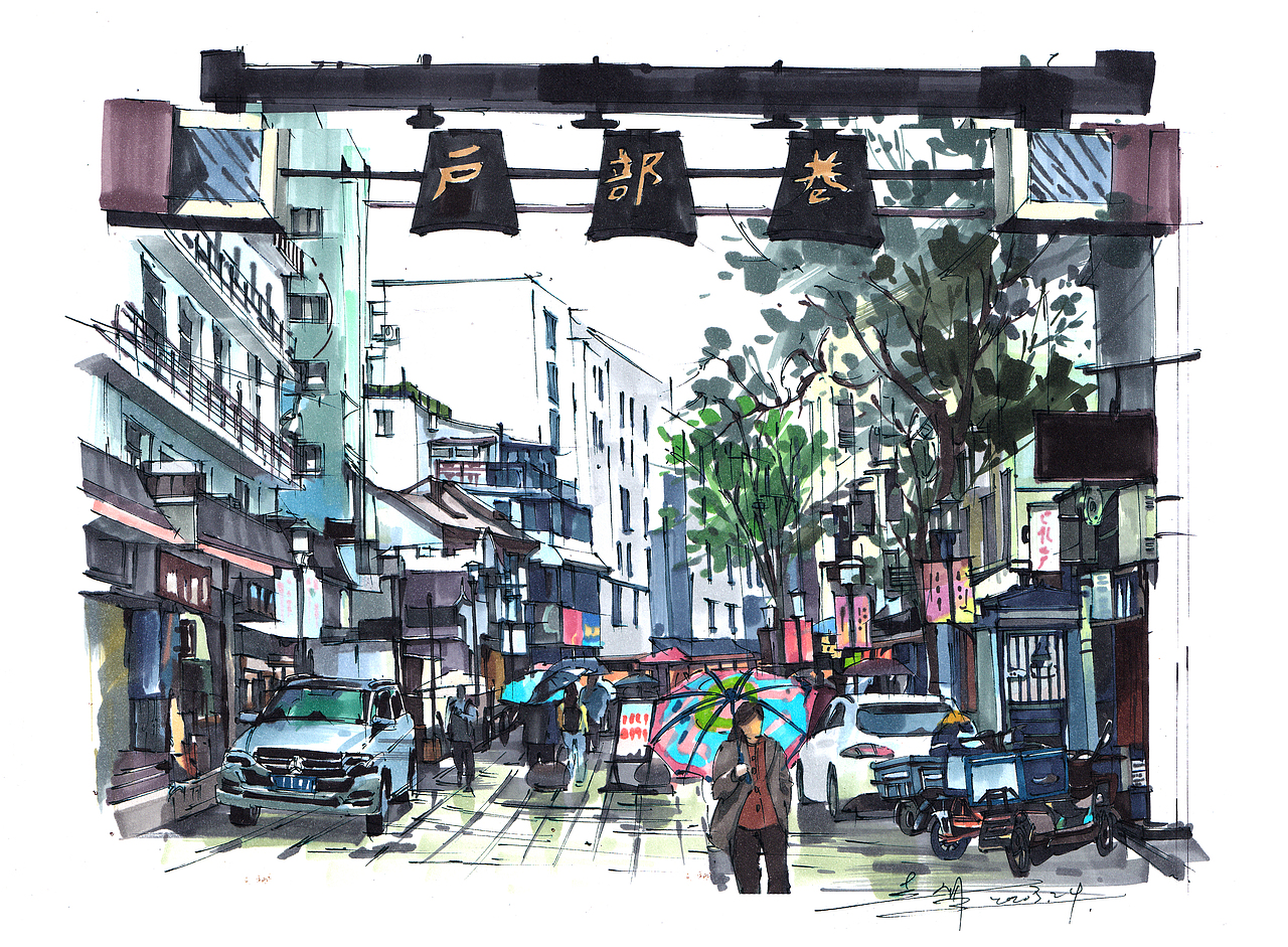 手绘武汉老街|纯艺术|绘画|赵航马克笔_原创作品-站酷(zcool)