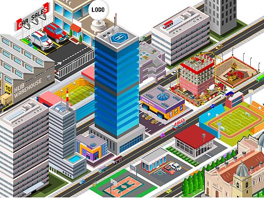 2.5D商务办公和社区建筑插画
