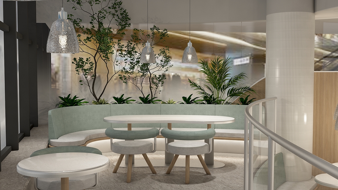 不规则造型的备餐柜的灵感来此于科学研究所使用的工具柜，加强了空间的科学氛围。