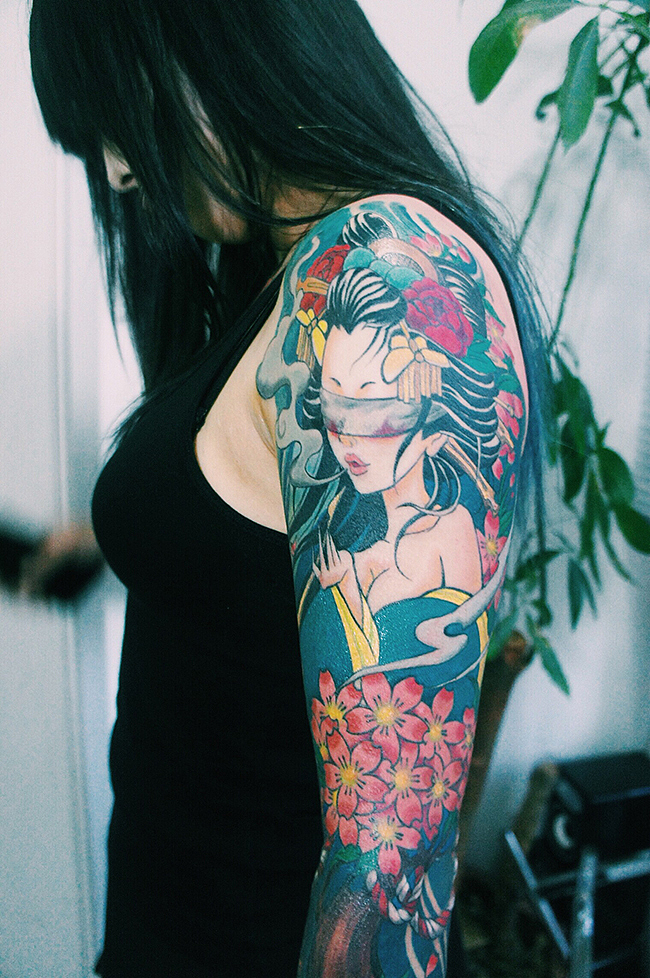 老徐的纹身作品-有艺妓的日式花臂