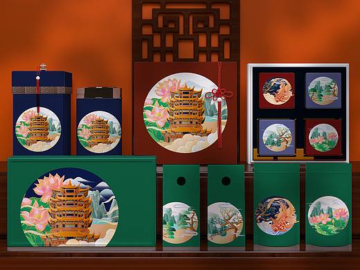 国潮风插画黄鹤楼及包装设计