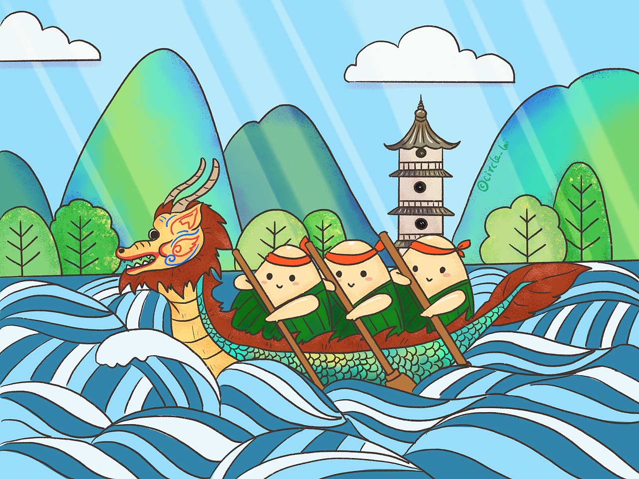 端午,龙舟和粽子 这次尝试的是描上线条的卡通